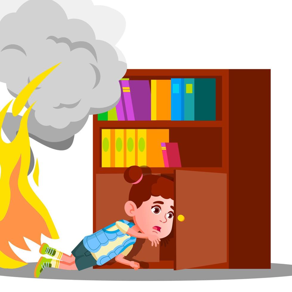 Kid Girl Climbs Into Cabinet Shelf Clothes To Hide From Smoke And Fire Vector. Isolated Illustration vector