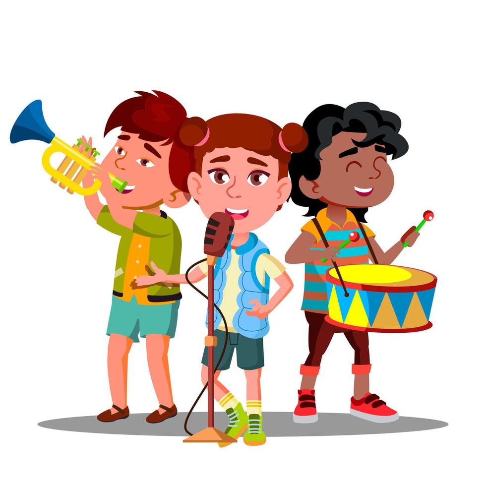 Children Ensemble. Children Play Musical Instruments And Sing Vector. Isolated Illustration vector