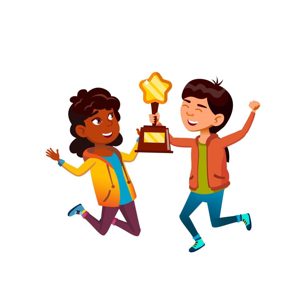 Girls Children Jumping With Trophy Cup Vector