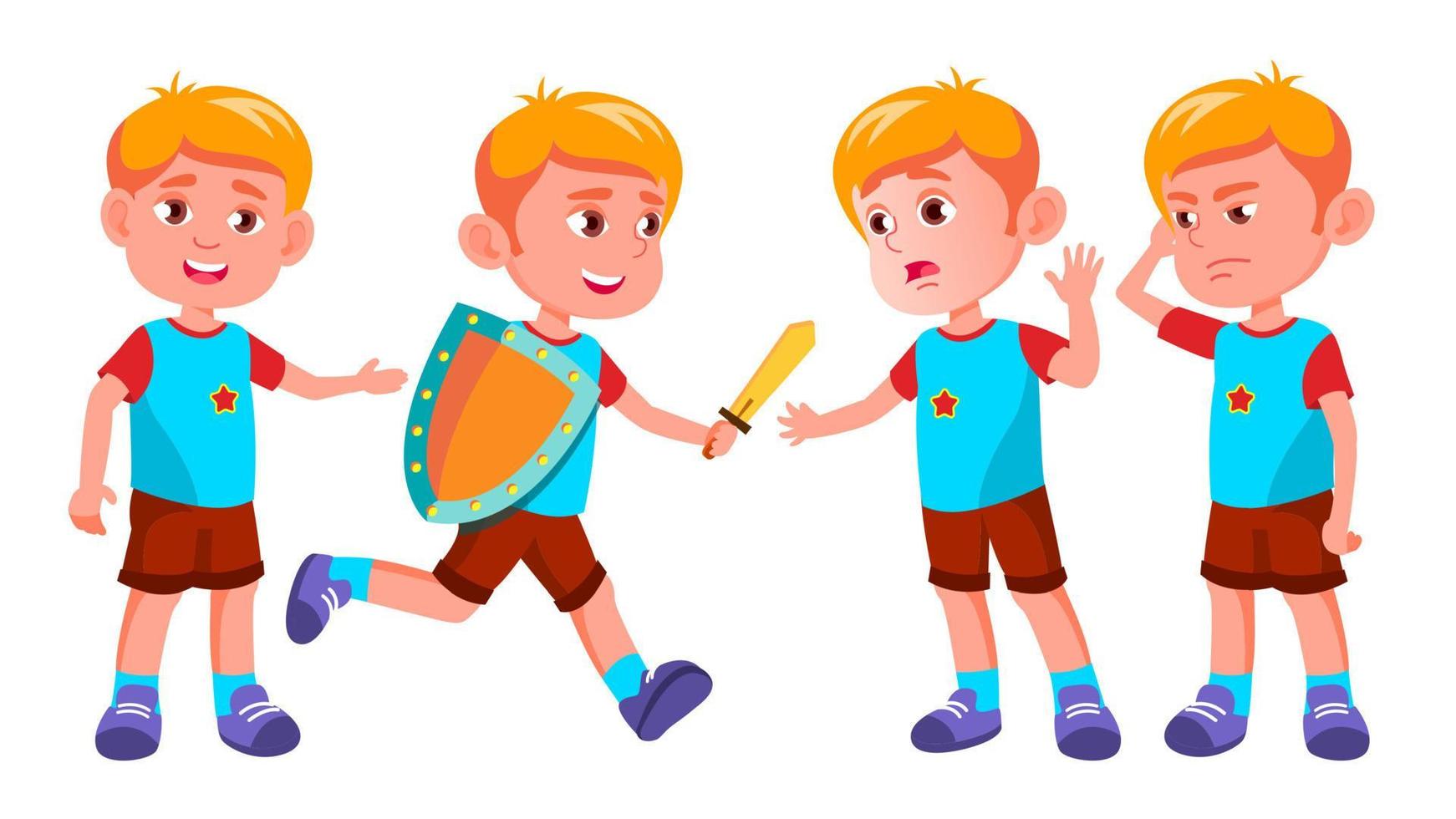 Boy Kindergarten Kid Poses Set Vector. Character Playing. Childish. Casual Clothe. For Presentation, Print, Invitation Design. Isolated Cartoon Illustration vector