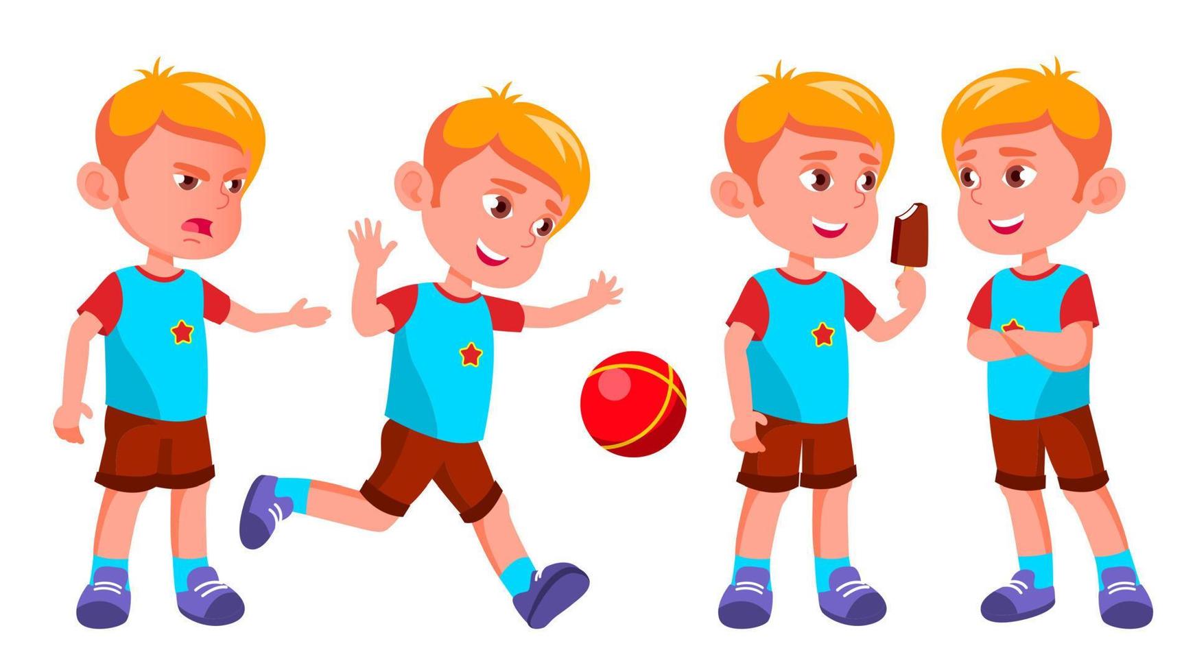 Boy Kindergarten Kid Poses Set Vector. Kiddy, Child Expression. Junior. For Postcard, Cover, Placard Design. Isolated Cartoon Illustration vector