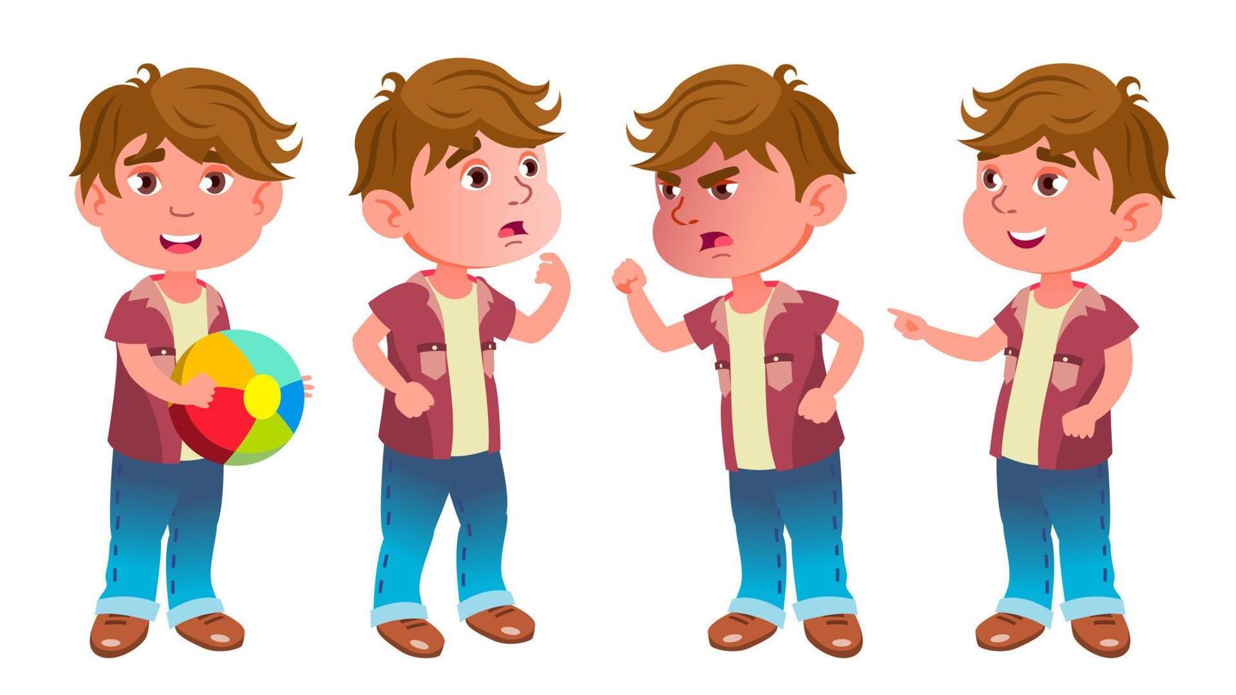 Boy Kindergarten Kid Poses Set Vector. Little Child. Having Fun. For Advertisement, Greeting, Announcement Design. Isolated Cartoon Illustration vector