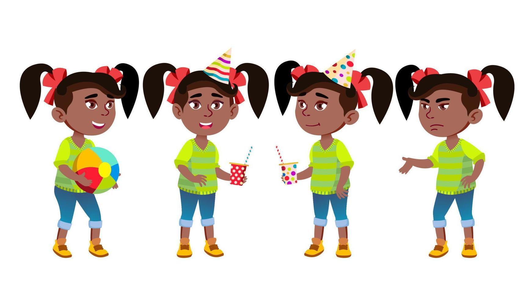 niña jardín de infantes poses set vector. negro. afroamericano. niño pequeño. divirtiéndose en carnaval, fiesta de cumpleaños. para publicidad, saludo, diseño de anuncios. ilustración de dibujos animados aislados vector