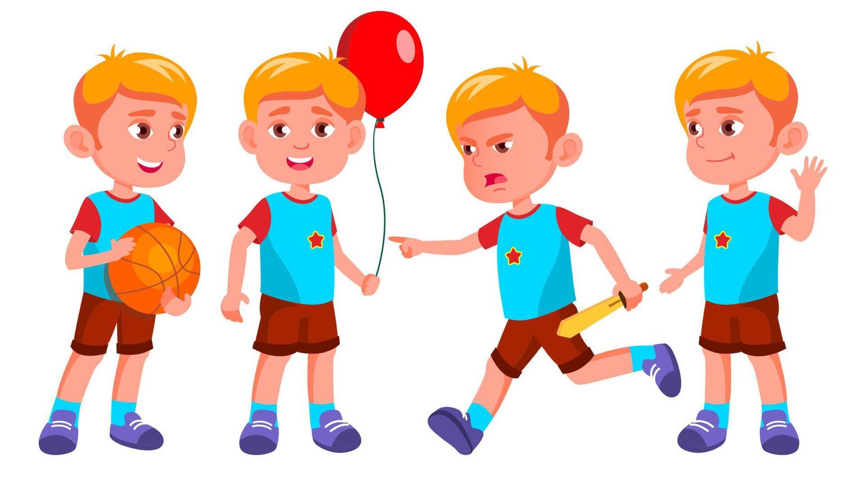 Boy Kindergarten Kid Poses Set Vector. Little Children. Happiness Enjoyment. For Web, Brochure, Poster Design. Isolated Cartoon Illustration vector