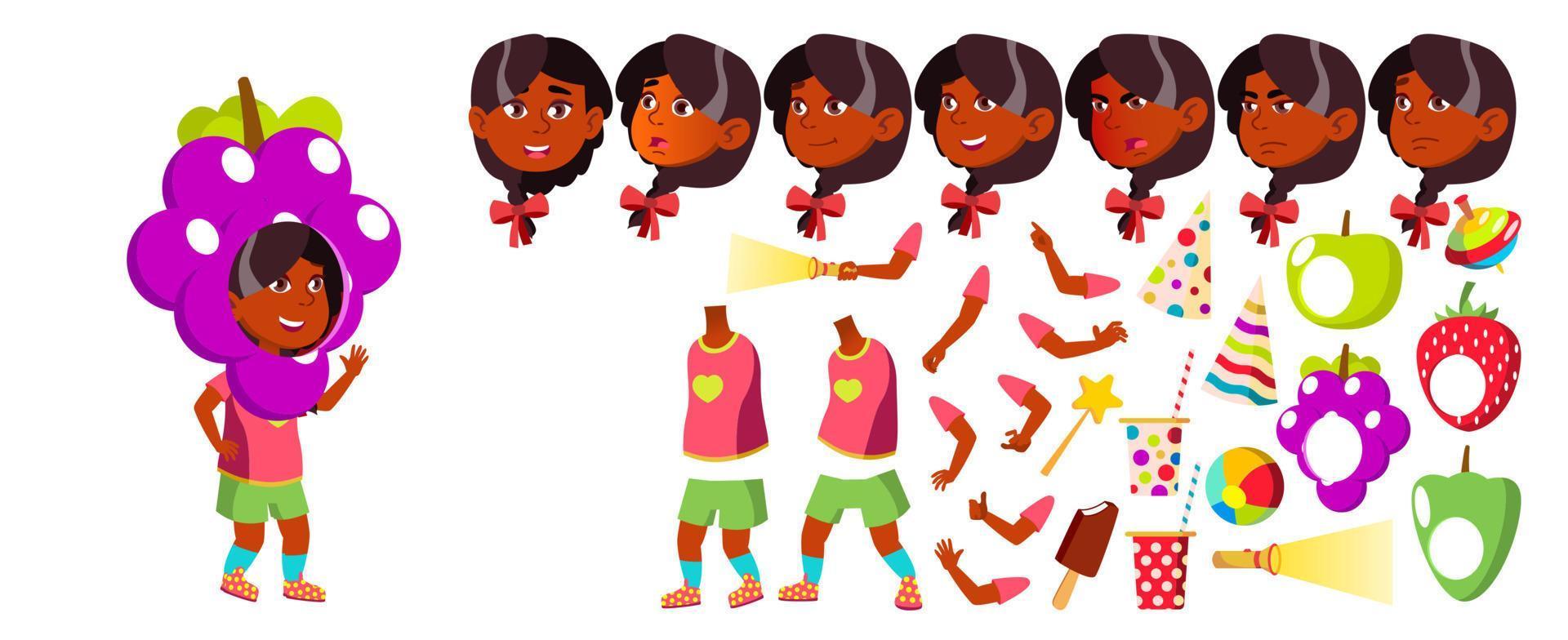 Girl Kindergarten Kid Vector. Animation Creation Set. Face Emotions, Gestures. Preschool. Young Positive Person. Indian, Hindu. Asian. Brochure, Poster Design. Animated. Isolated Cartoon Illustration vector