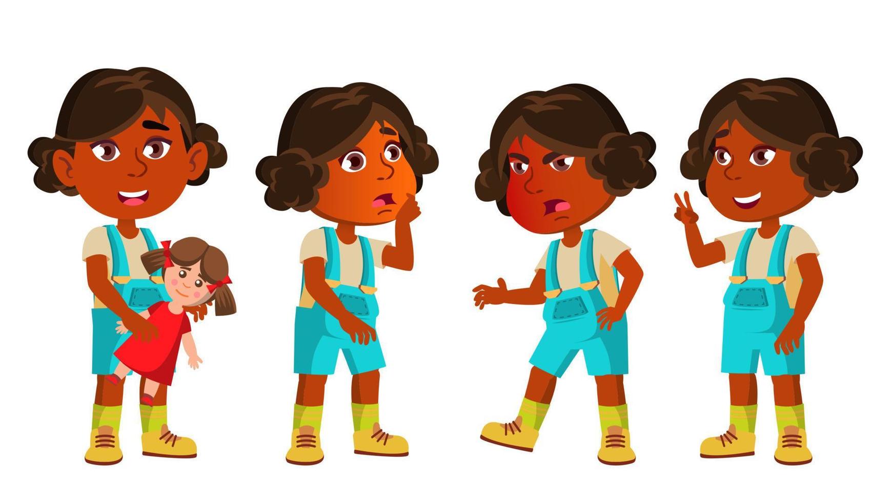 Indian Girl Kindergarten Kid Poses Set Vector. Hindu. Asian. Happy Beautiful Children Character. Playing With Doll. For Advertising, Booklet, Placard Design. Isolated Cartoon Illustration vector