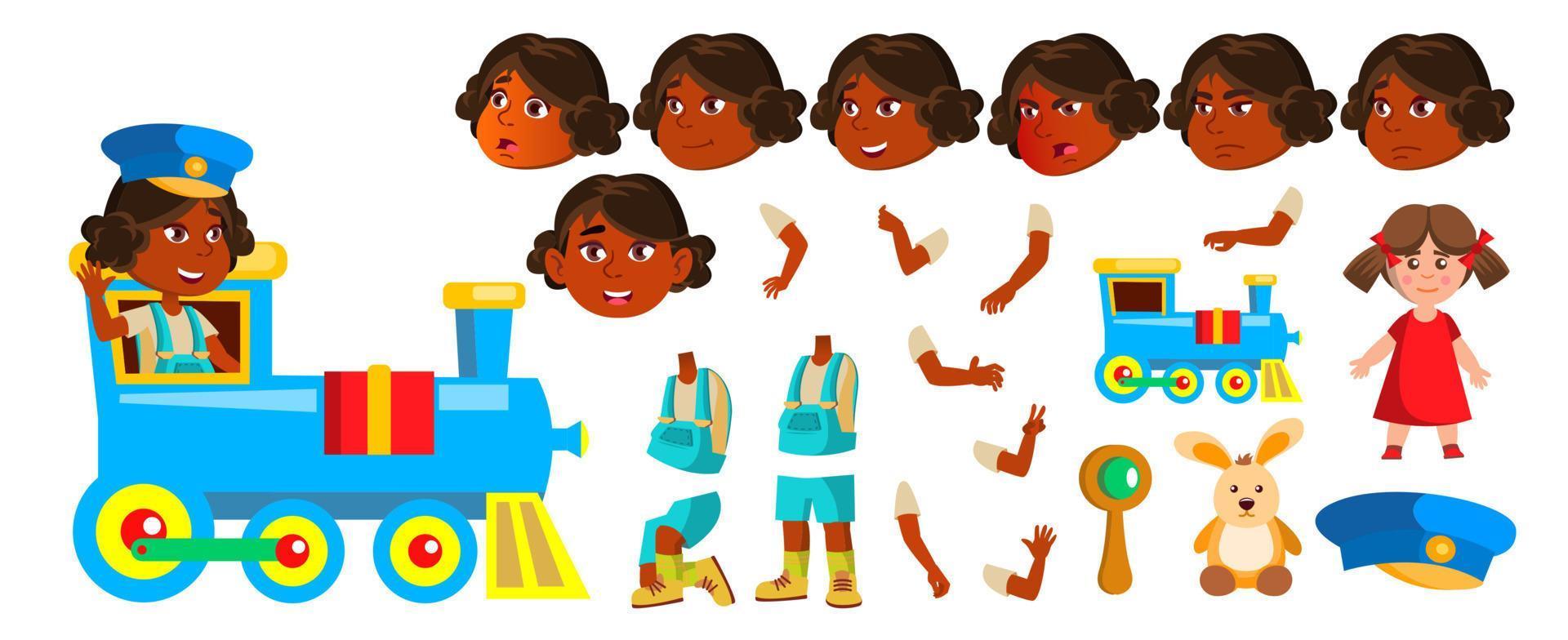 Indian Girl Kindergarten Kid Vector. Animation Creation Set. Hindu. Asian. Face Emotions, Gestures. Little Child. Toy. Railway Train. Cover, Placard Design. Animated. Isolated Cartoon Illustration vector