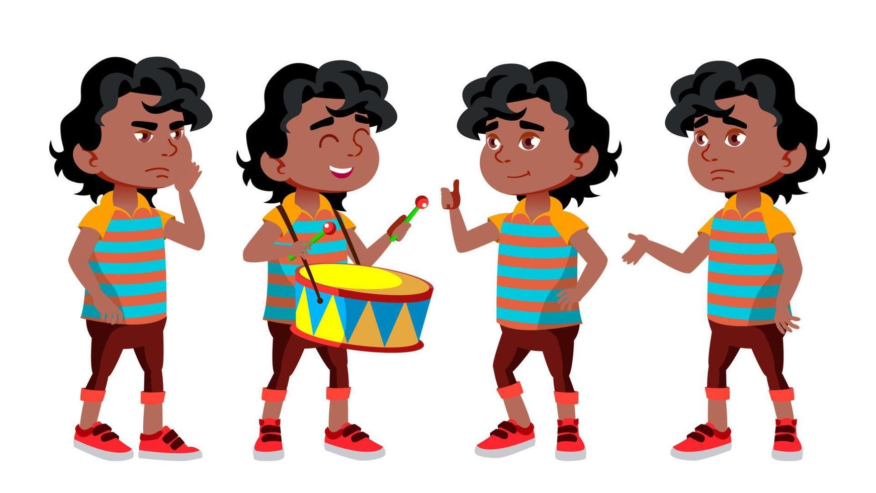 negro, niño afroamericano, niño de jardín de infantes, poses de vector conjunto. personaje jugando. infantil. ropa informal para presentación, impresión, diseño de invitación. ilustración de dibujos animados aislados