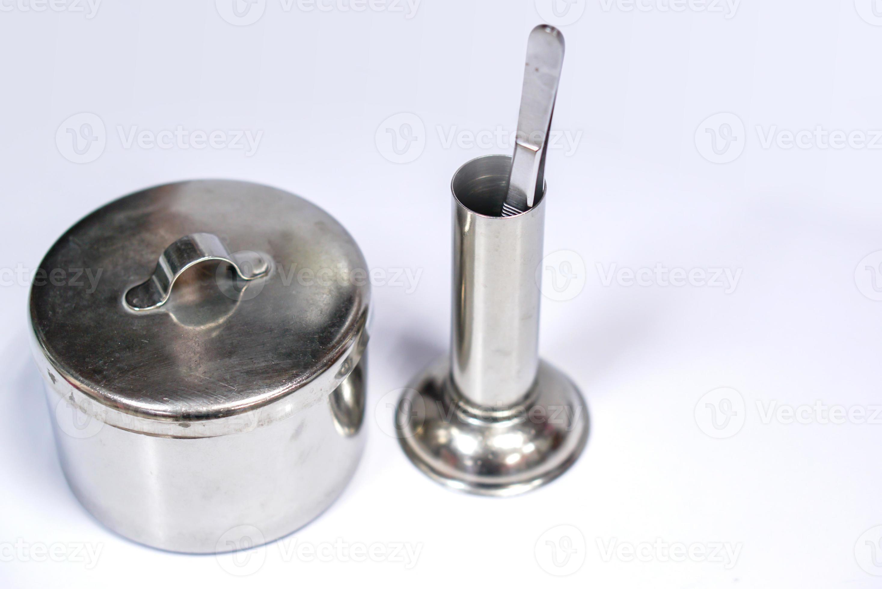 Medical stainless steel cotton wool container and surgical forceps in