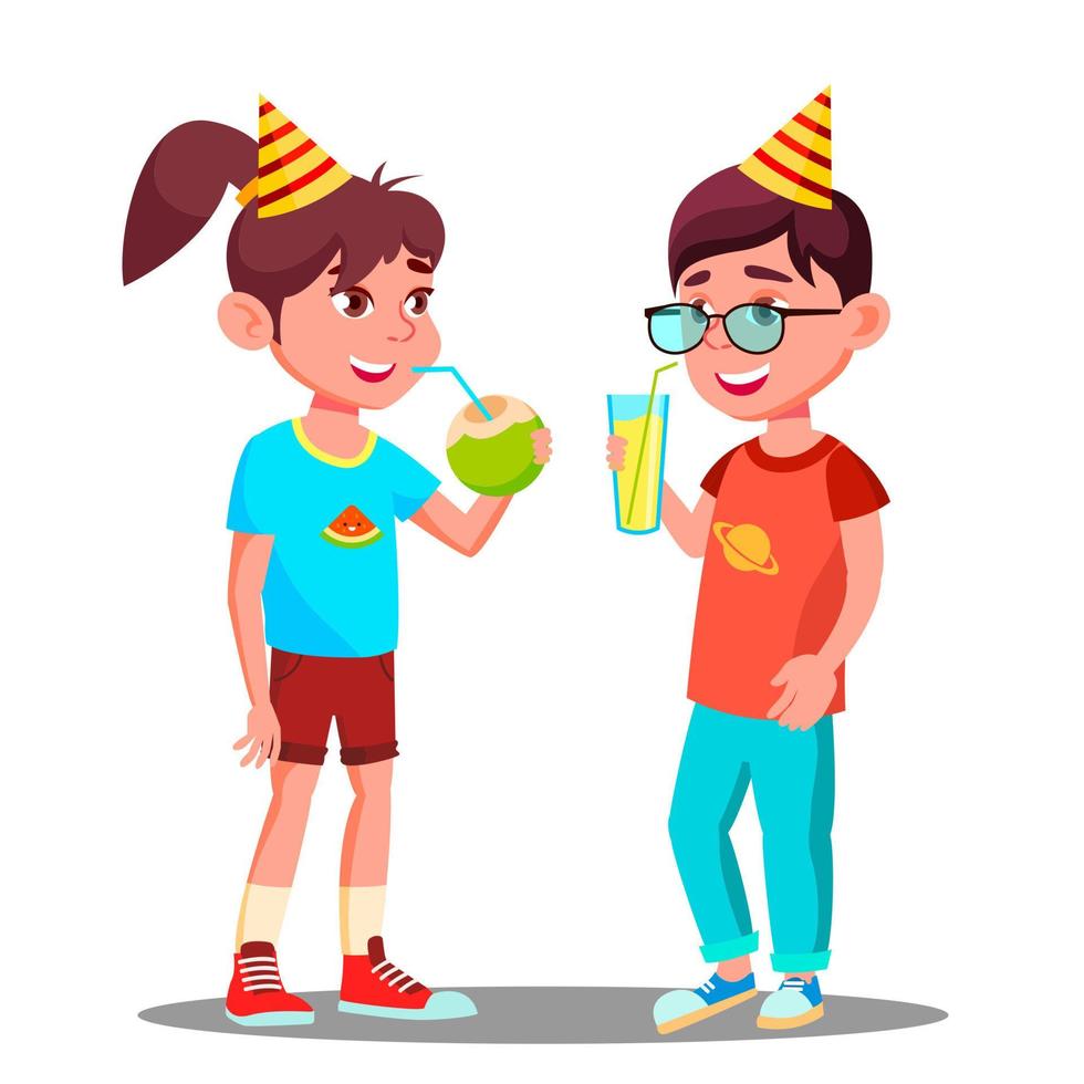 Children Drink Juice At Party Vector. Isolated Illustration vector