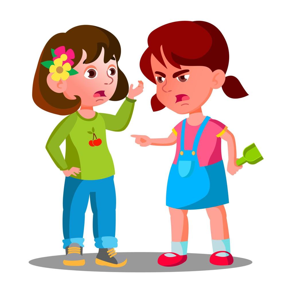 Conflict Between Kids, Girls Children Are Fighting Vector. Isolated Illustration vector