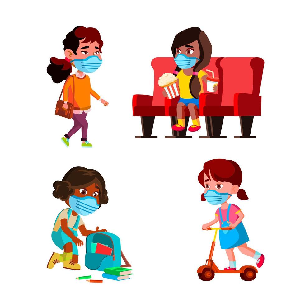 Girls Children Wearing Facial Mask Set Vector