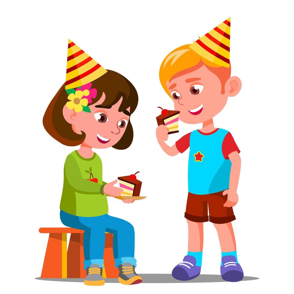 niños felices comiendo un vector de pastel de cumpleaños. ilustración aislada