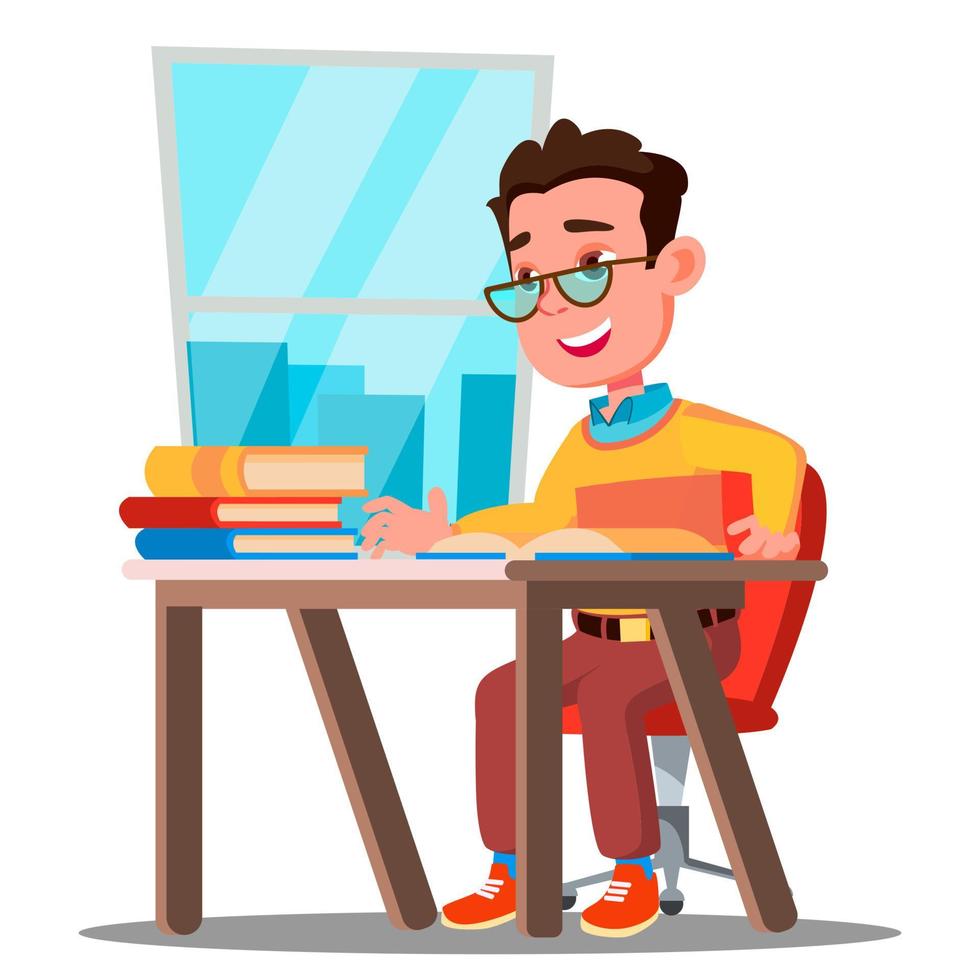lindo niño con gafas sentado en un escritorio en un vector de aula. escuela. ilustración aislada