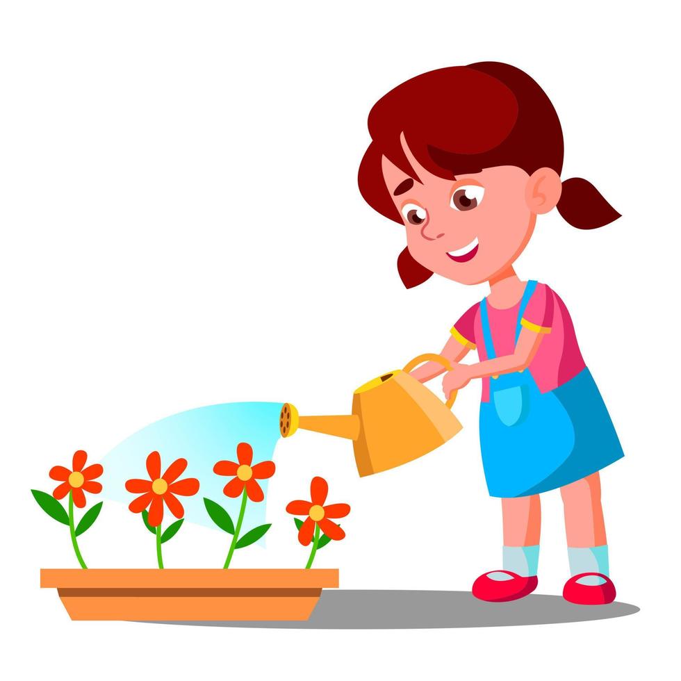 Little Girl Watering Flowers Vector. Help. Isolated Illustration vector