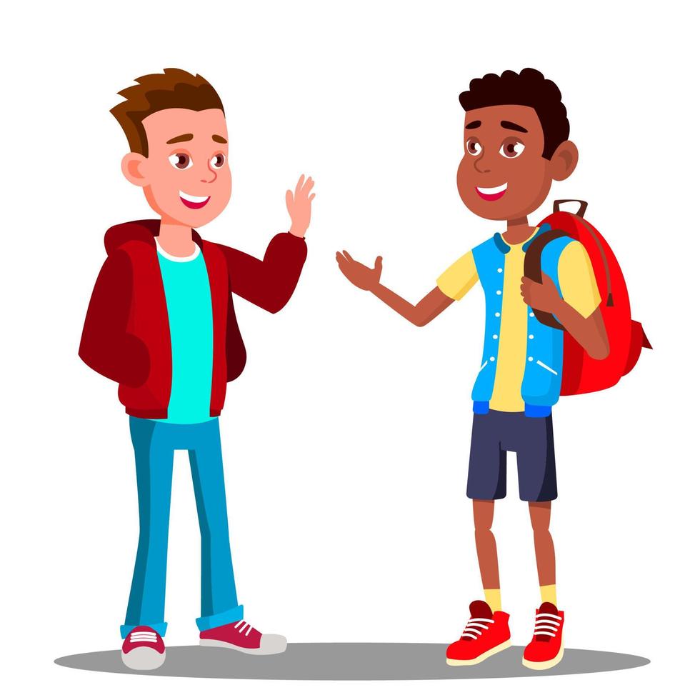 niño caucásico y niño negro se saludan, vector de amistad. multirracial. europeo y afroamericano. ilustración