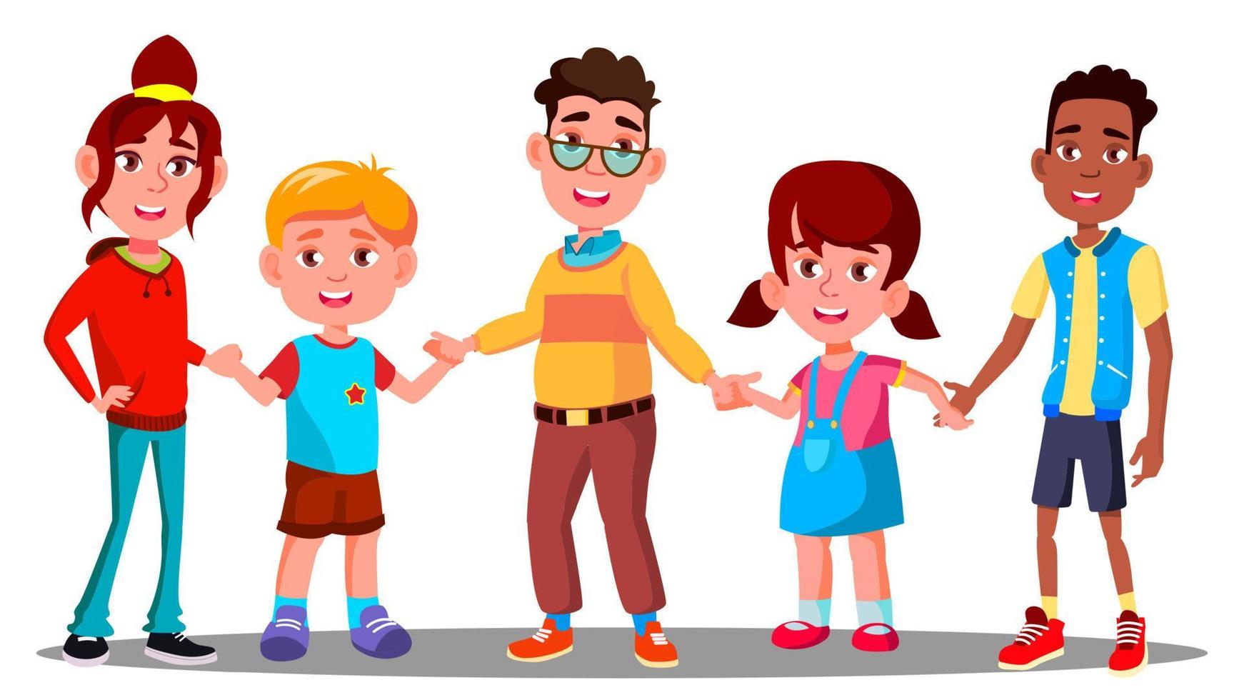 Group Of Children Holding Hands Together Vector. Multiracial. European And Afro American. Isolated Illustration vector