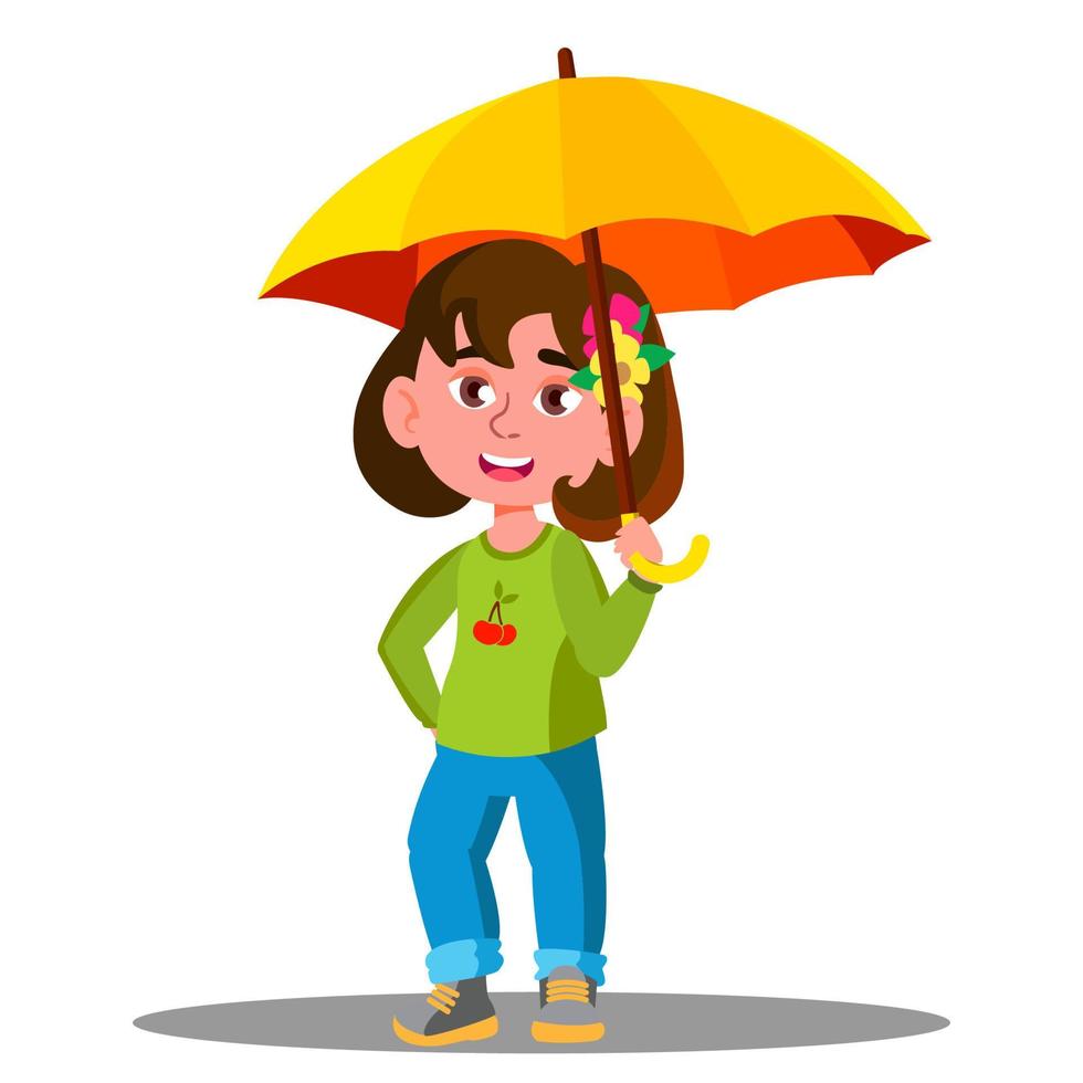 niño alegre con paraguas amarillo en el vector de lluvia. ilustración aislada
