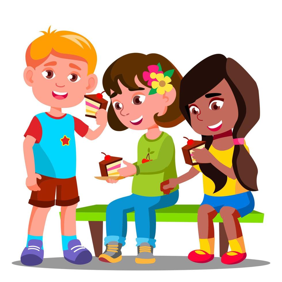 Children Are Sitting And Eating Cakes Vector. Isolated Illustration vector