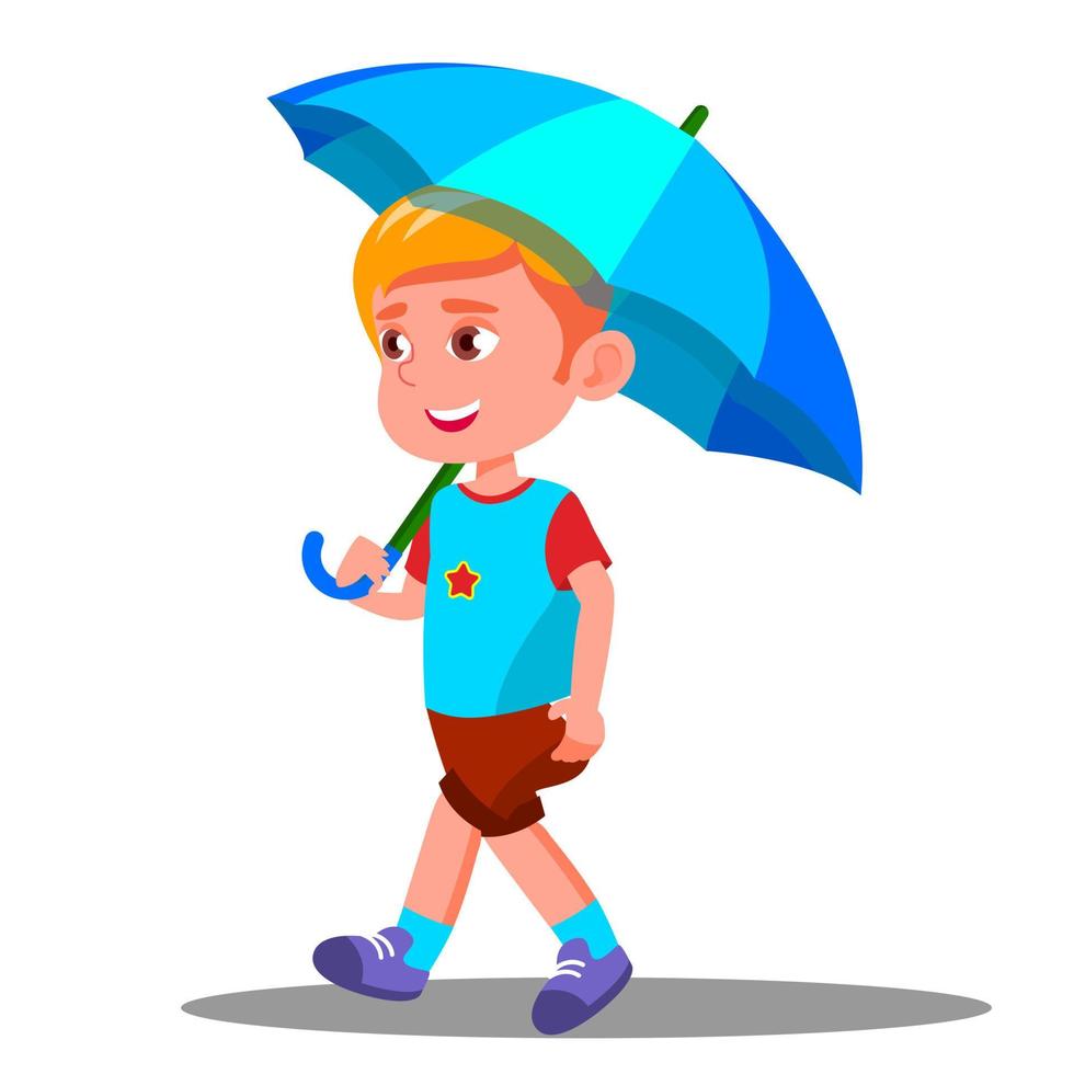 Little Boy Walks With An Open Blue Umbrella In His Hand Vector. Isolated Illustration vector