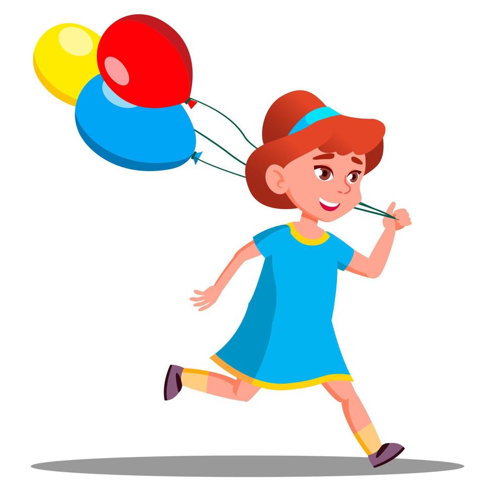 Little Girl Running With Colored Balloon Vector. Isolated Illustration vector