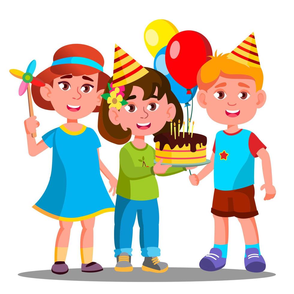 Group Of Happy Children Celebrating Birthday Together Vector. Isolated Illustration vector
