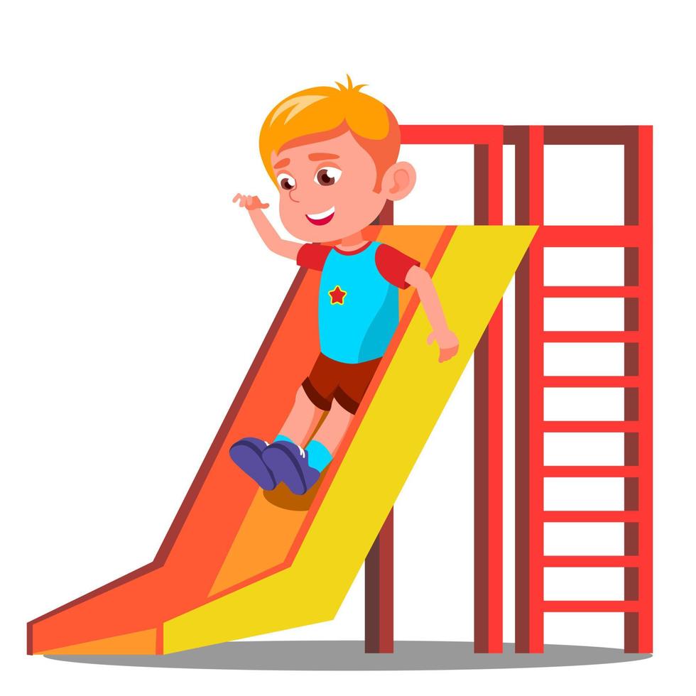 Little Boy Having Fun On The Slide Vector. Isolated Illustration vector