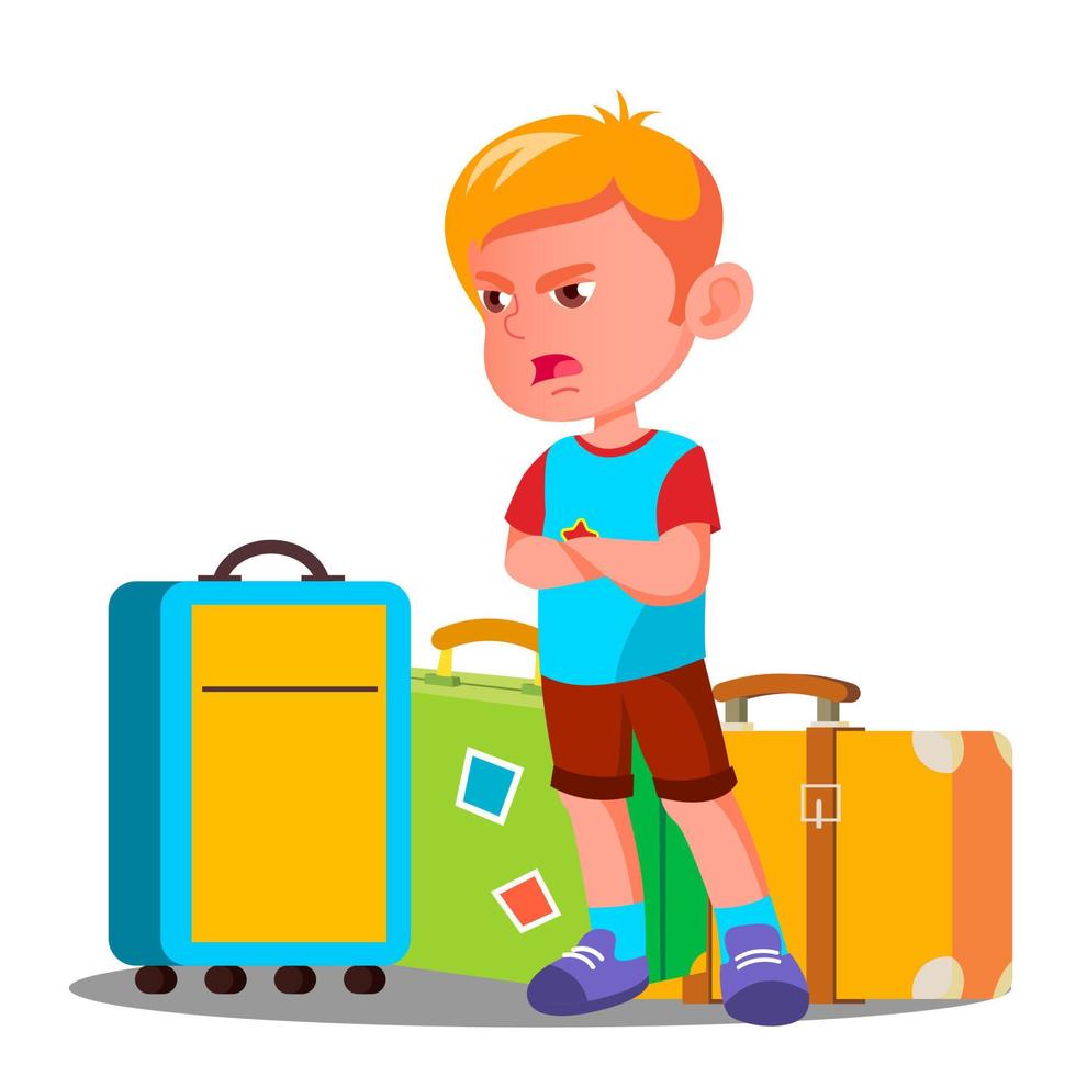 Angry Little Boy Is Crying Near Travel Bags Vector. Isolated Illustration vector
