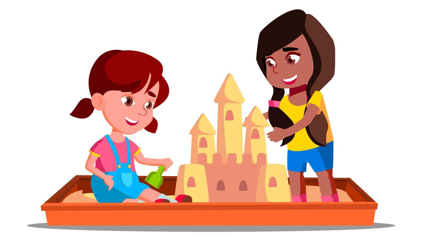 Children Build A Sand Castle In The Sandbox In Summer Vector. Isolated Illustration vector