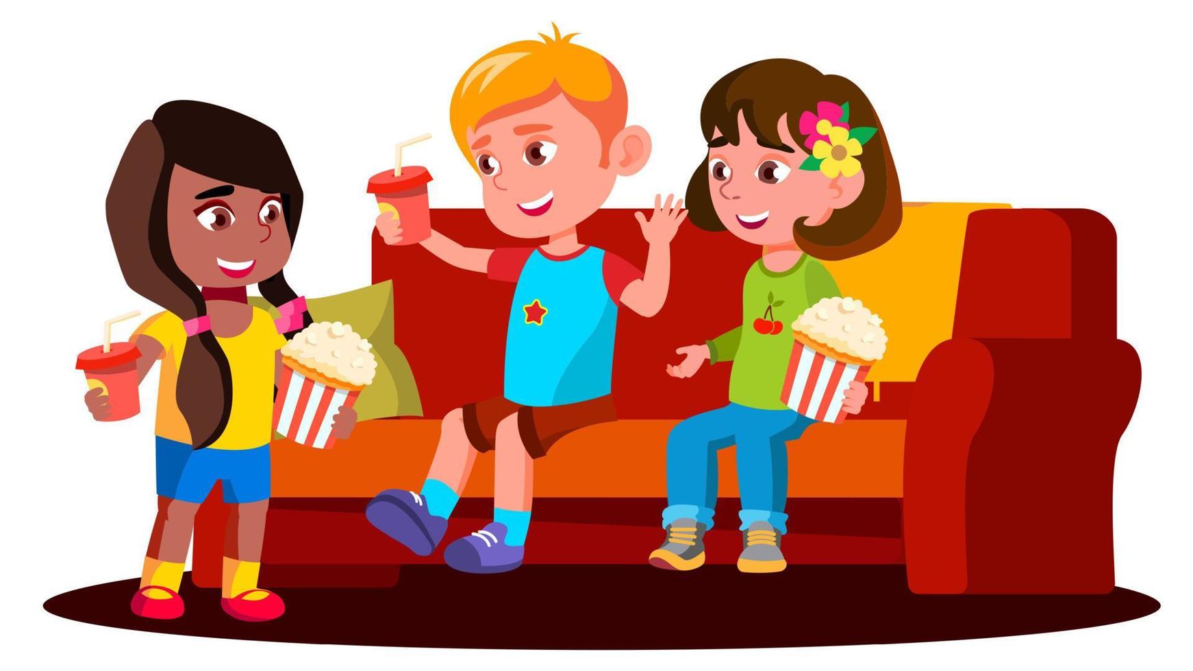 Children Sitting On The Sofa With Popcorn And Drinks Vector. Isolated Illustration vector