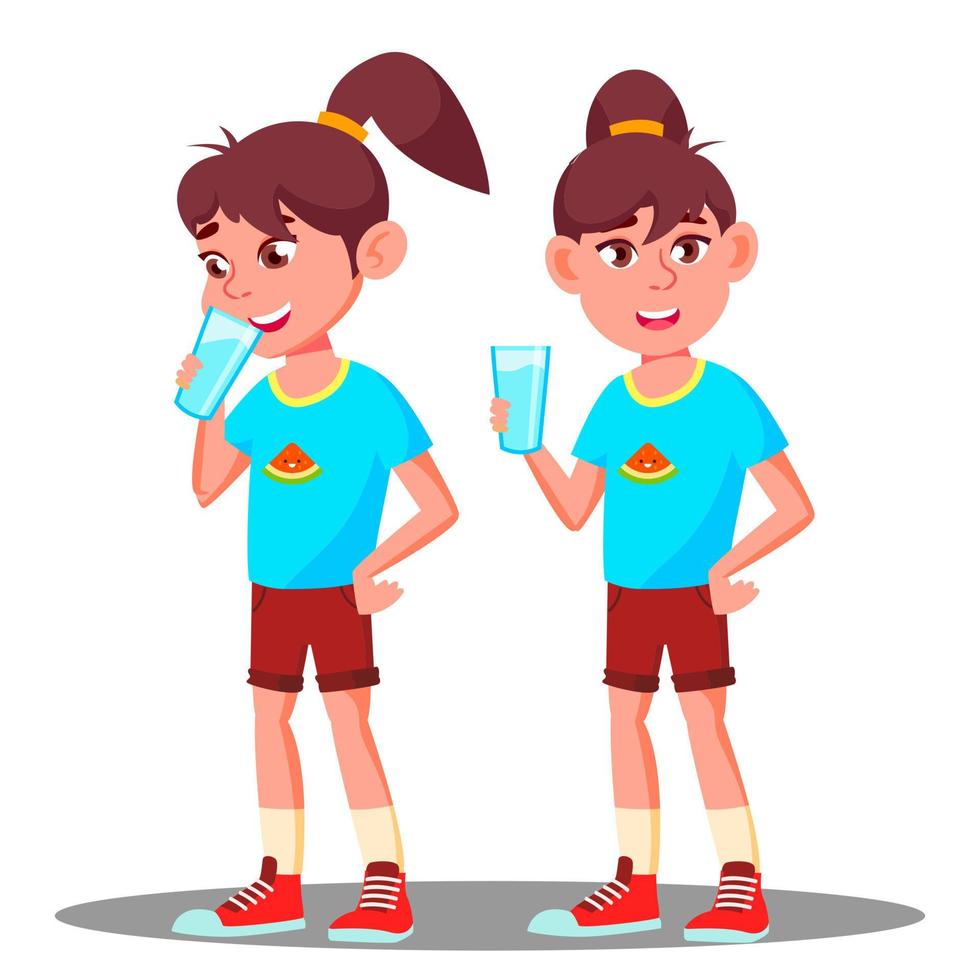 Little Girl Drinks From A Glass Of Water Vector. Isolated Illustration vector