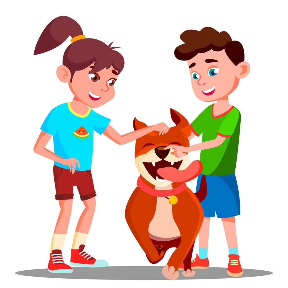 Two Children Petting A Happy Dog Vector. Isolated Illustration vector