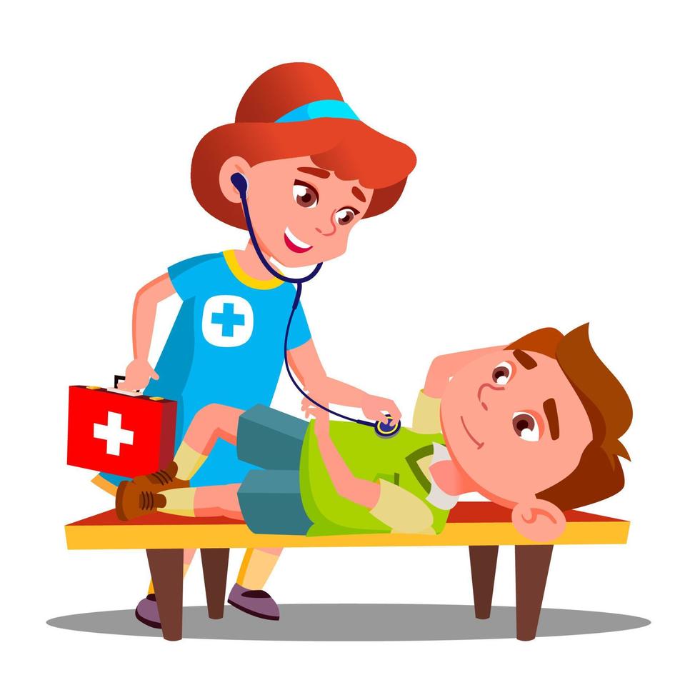 Child Play Doctor Lying Unconscious On Bench And Second Child Girl Provides First Aid Vector. Isolated Illustration vector
