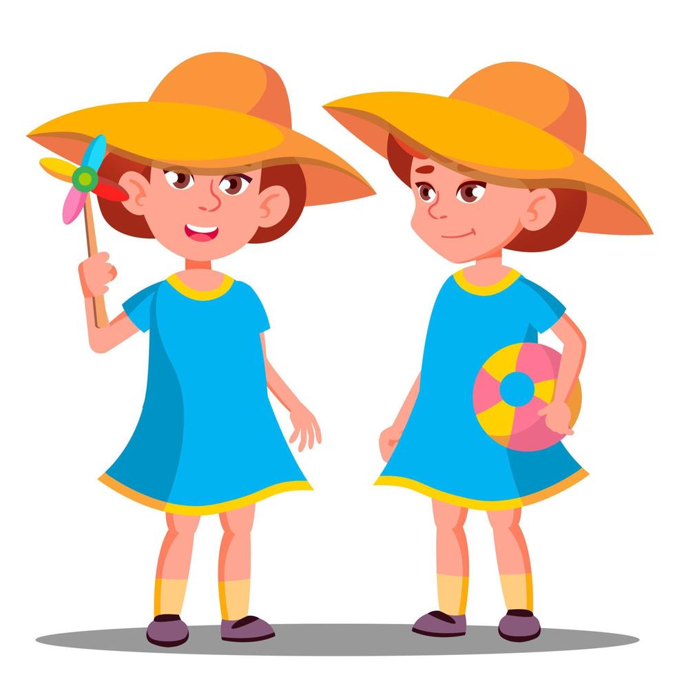 niña sonriente con un gran sombrero en el vector de la playa. ilustración aislada