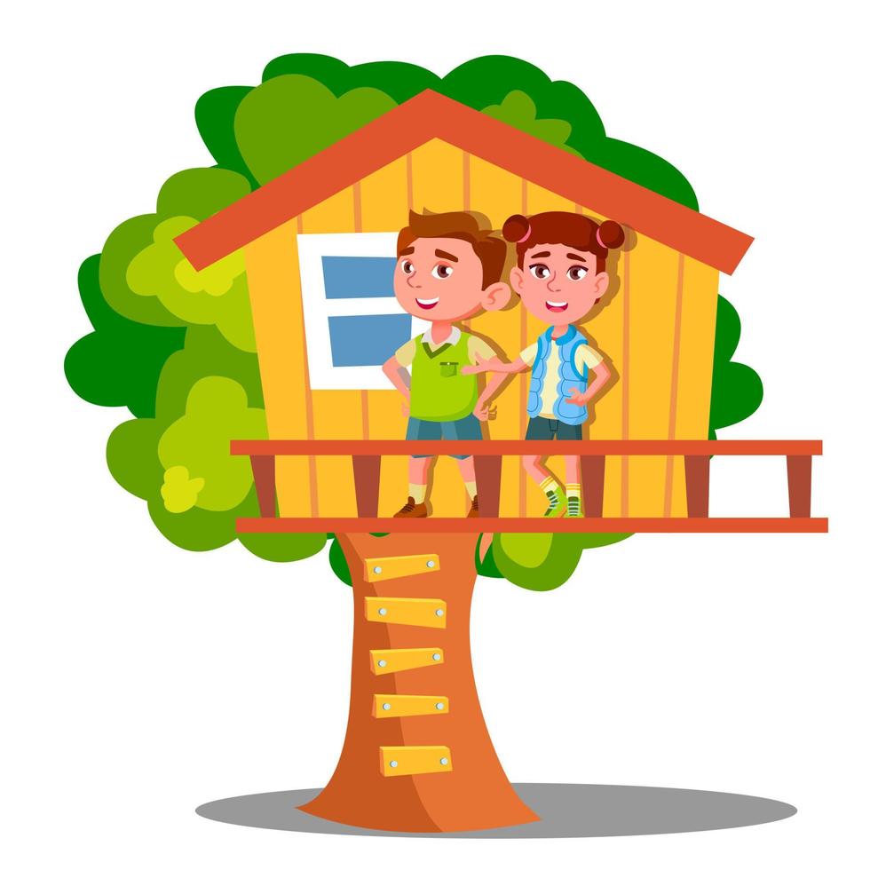 Boy And Girl Kid Playing On Tree House Vector. Isolated Illustration vector