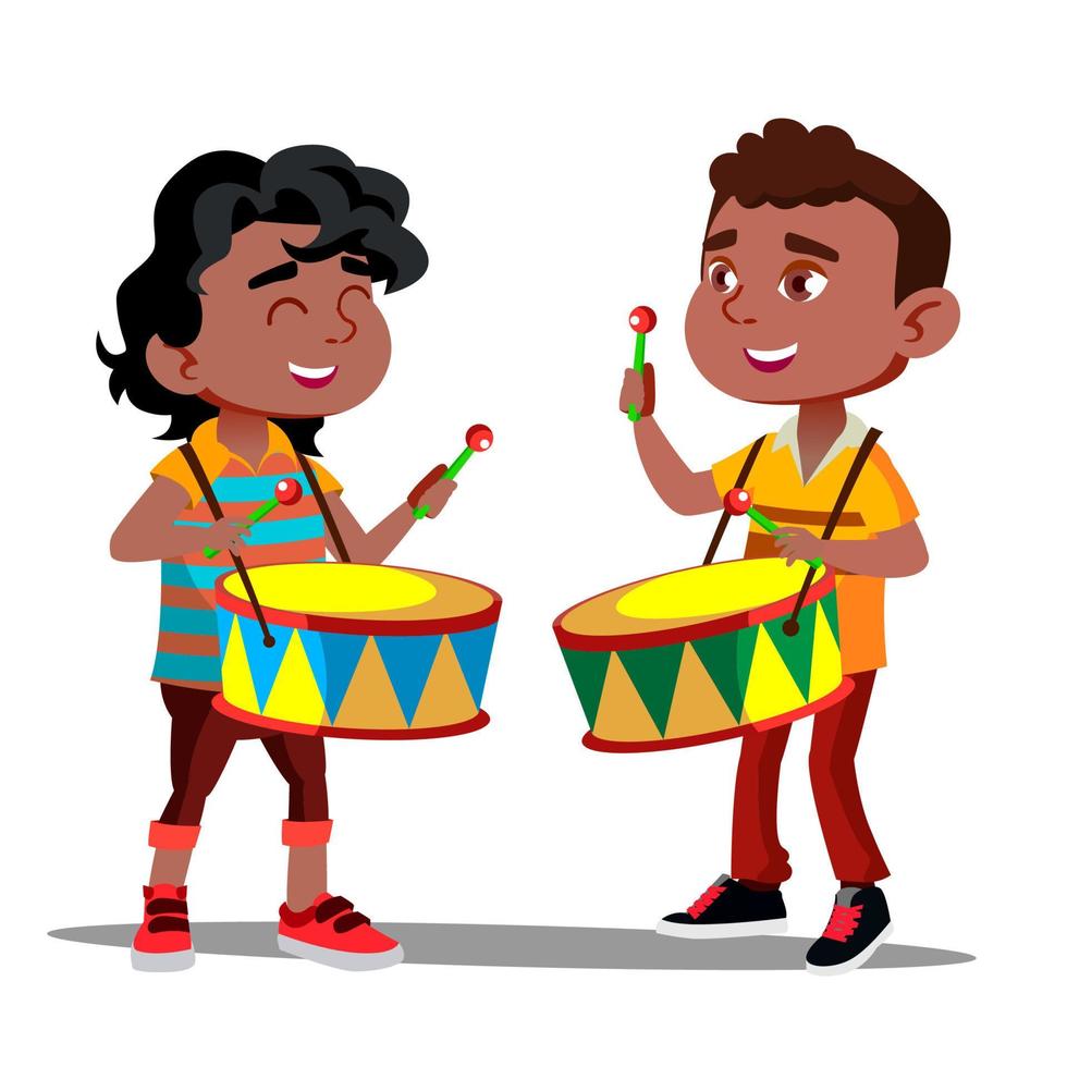 Two Little Afro American Boys Beating The Drums And Dancing Vector. Isolated Illustration vector