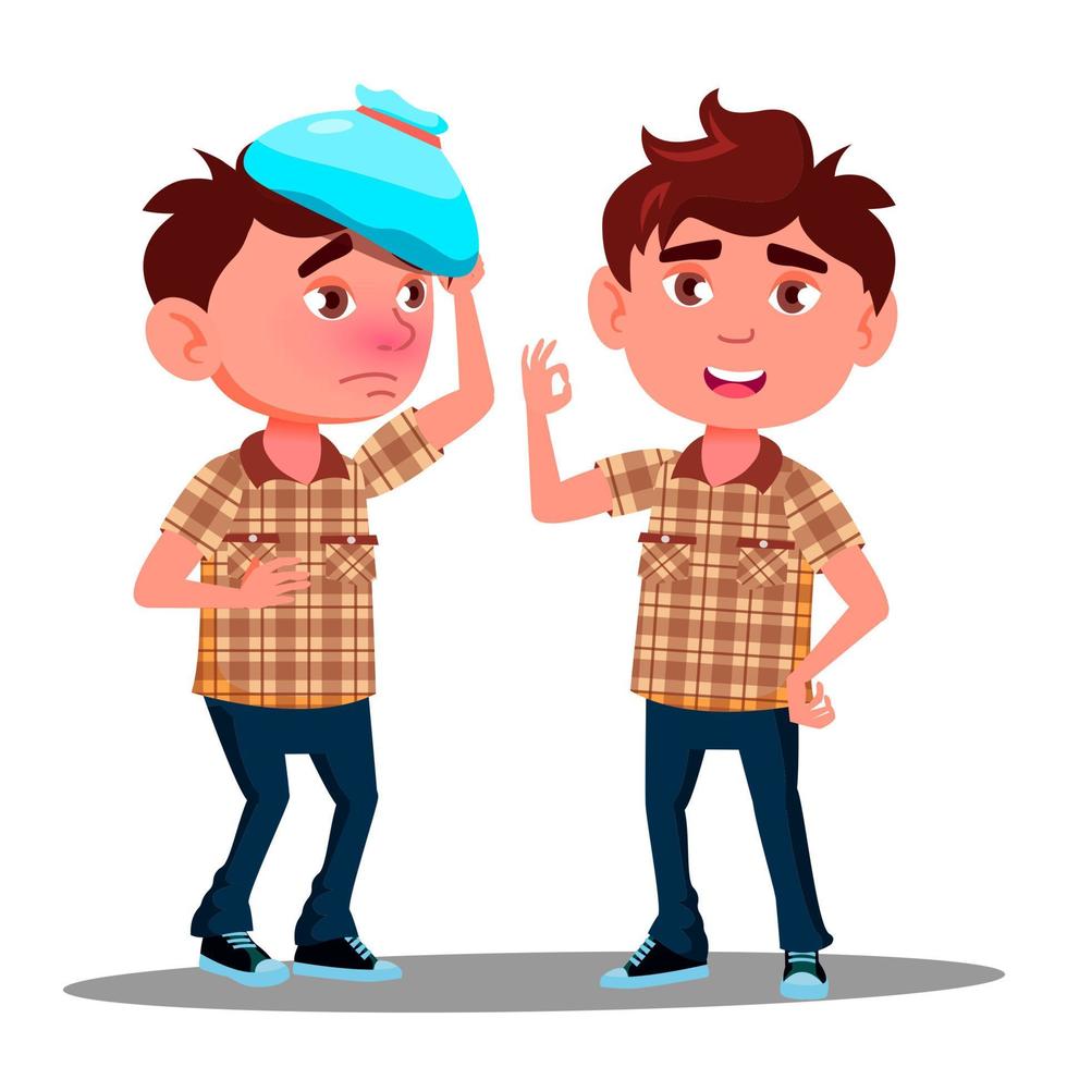 Sick Sad Boy Putting An Ice Pack On His Head Vector. Before, After. Isolated Illustration vector