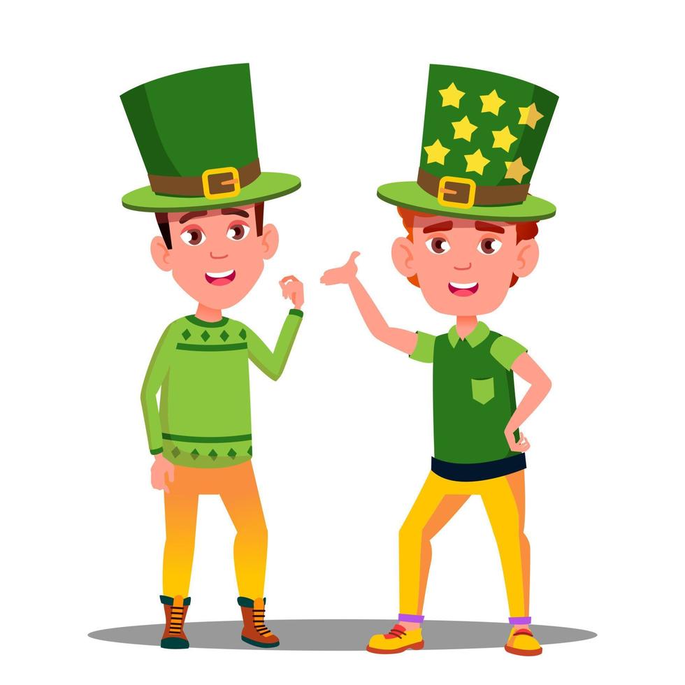 Boys In Green Suits At St Patrick Day In Ireland Vector. Isolated Illustration vector