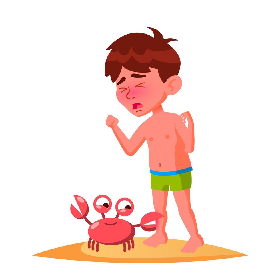 Crab Bit The Finger Of Crying Boy Vector. Isolated Illustration vector