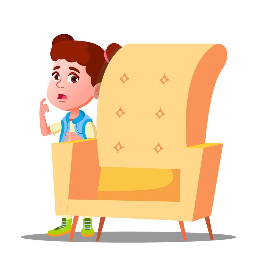 Frightened Little Girl Looks Out From Behind The Armchair Vector. Isolated Illustration vector