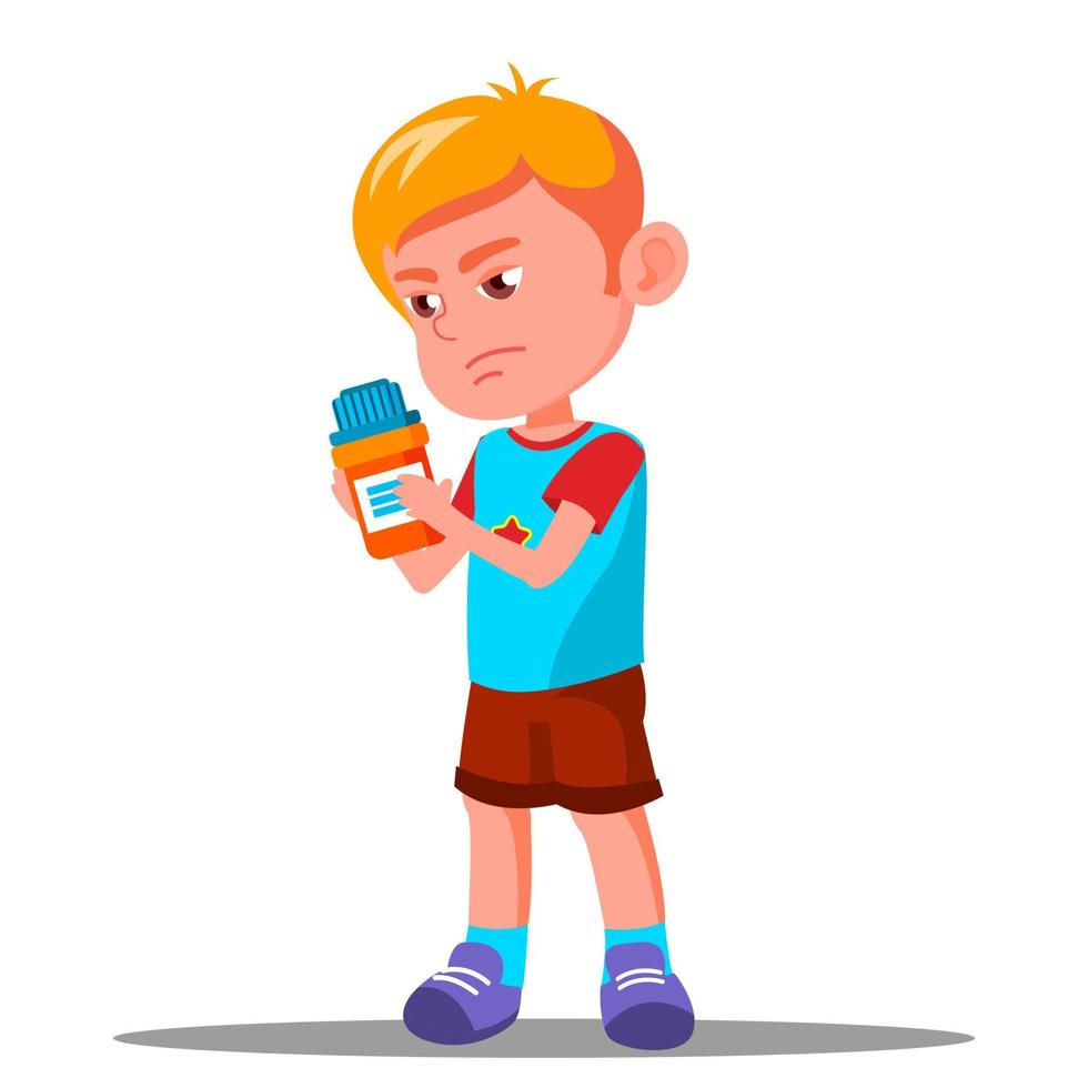 Child Holding Medicine In His Hand Vector. Health. Isolated Illustration vector