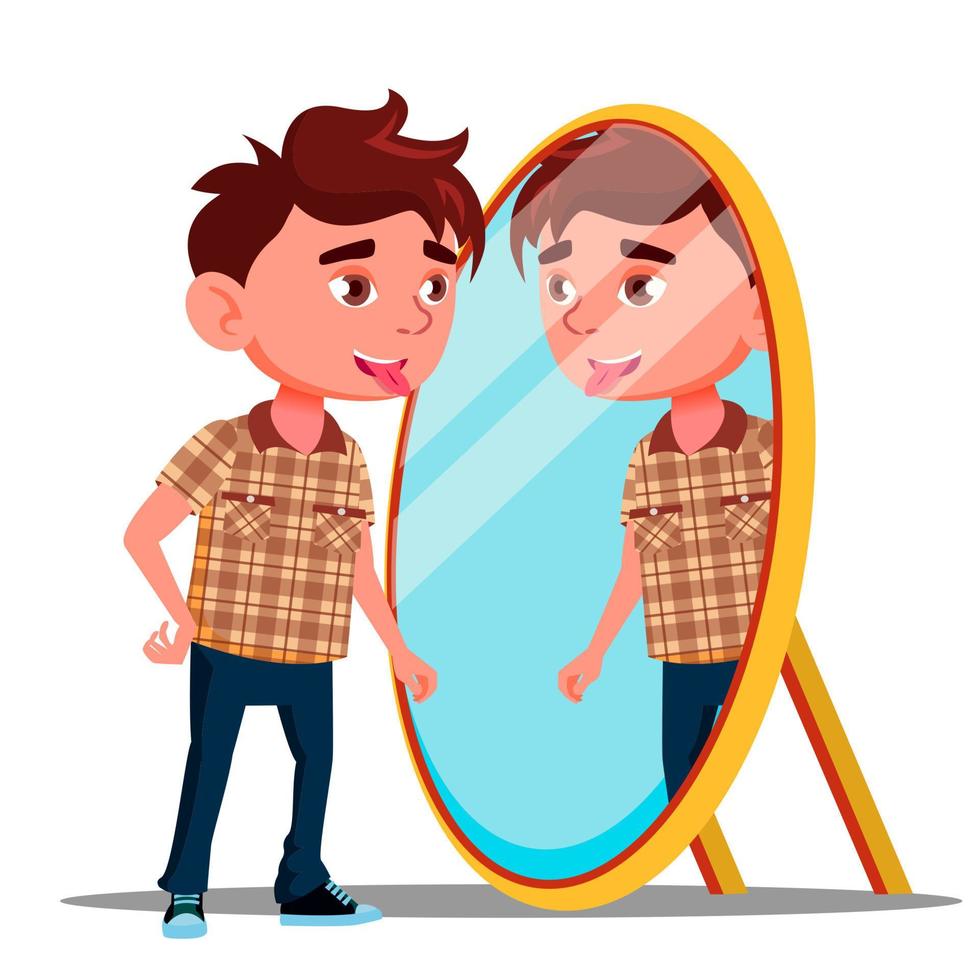el niño muestra la lengua en su reflejo en el vector del espejo. ilustración aislada