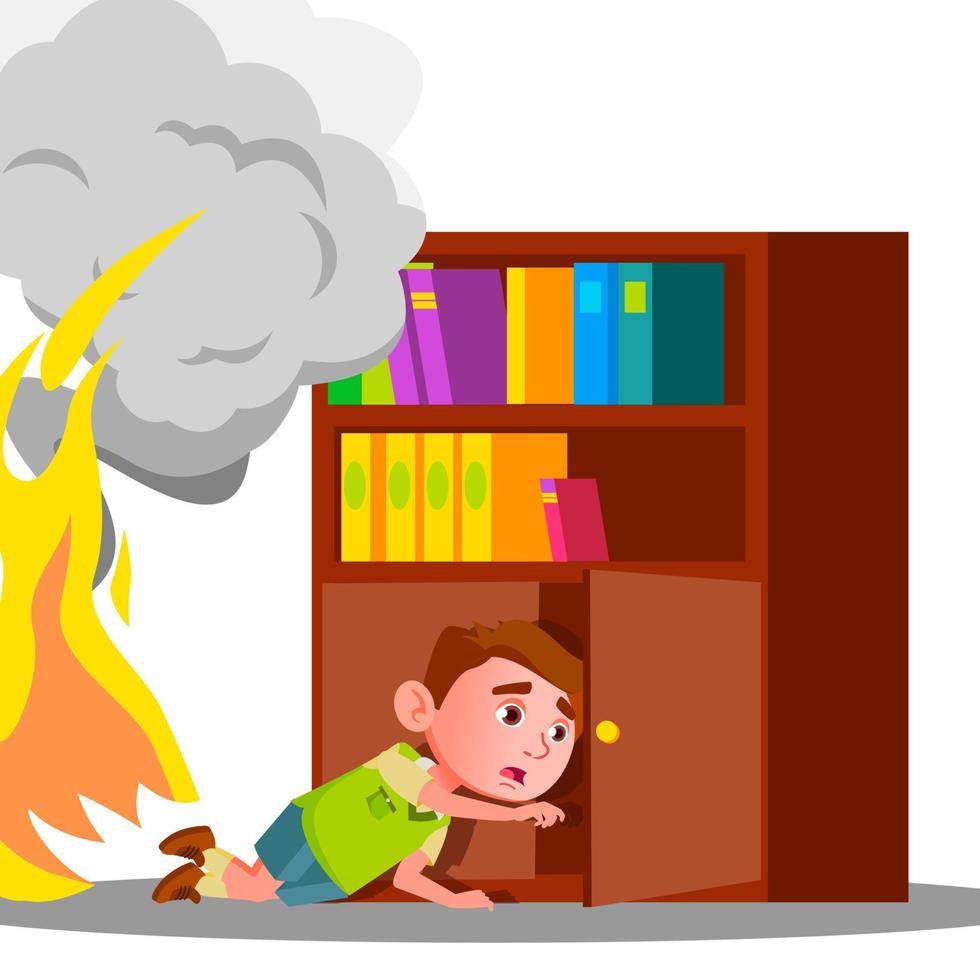 Kid Boy Climbs Into Cabinet Shelf Clothes To Hide From Smoke And Fire Vector. Isolated Illustration vector