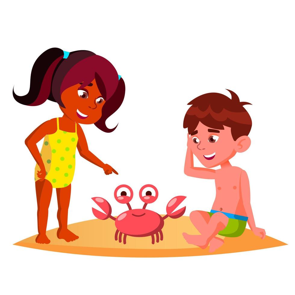 Squatting Kids Watching A Crab On The Beach Vector. Isolated Illustration vector