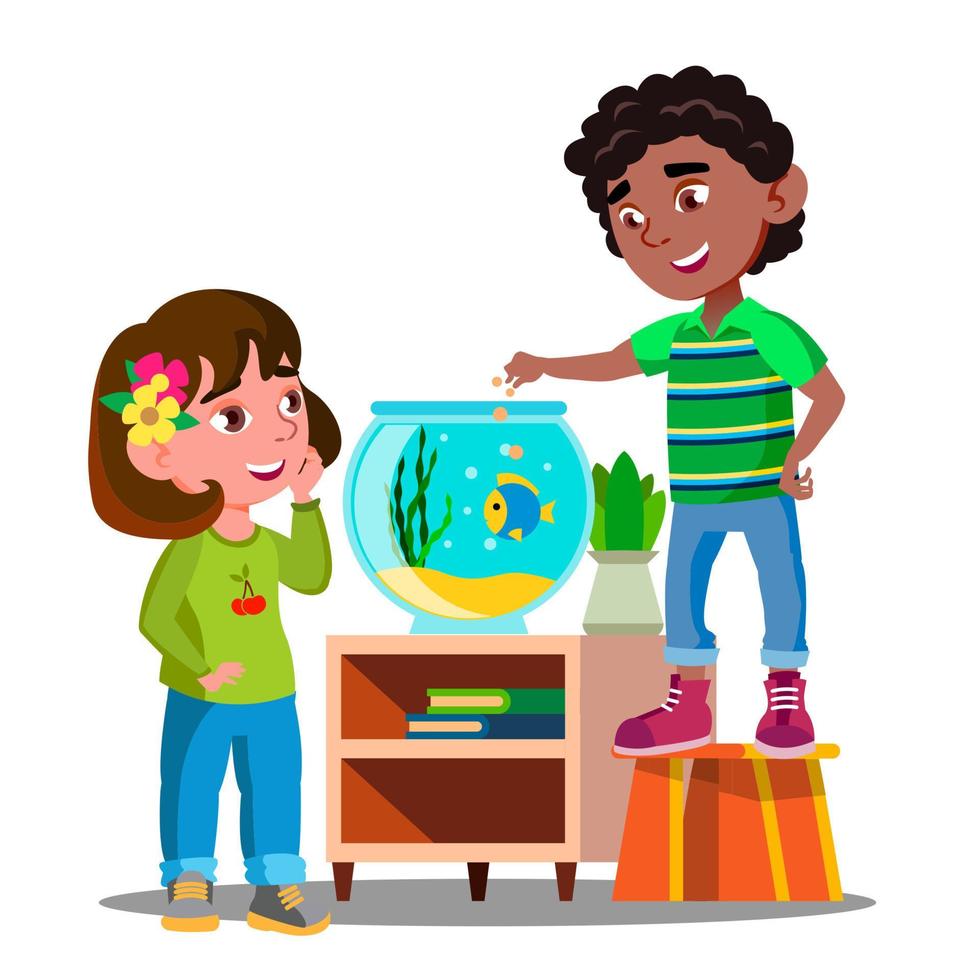 Afro American Boy And White Girl Whatch And Feed Fish In Aquarium Together Vector. Isolated Illustration vector