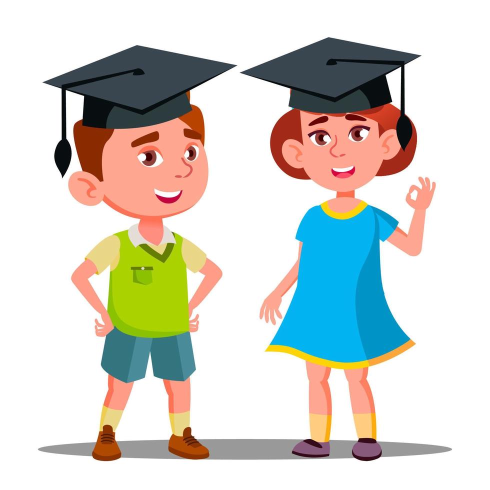 Little Boy And Girl In Large Graduate Cap Vector. Isolated Illustration vector