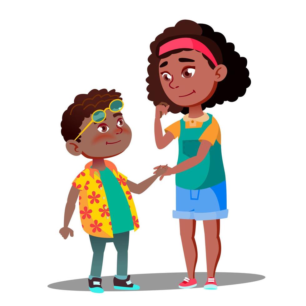 Smiling Girl Takes Hand Of Shy Afro American Boy Vector. Isolated Illustration vector