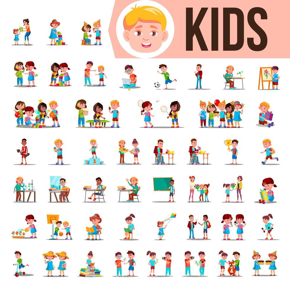 Kids Children Set Vector. Baby Lifestyle Situations. Spending Time Together At Home, Outdoor. Isolated Cartoon Illustration vector