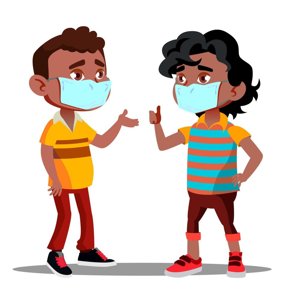 dos niños afroamericanos con máscaras médicas en la cara durante el vector de cuarentena. ilustración aislada