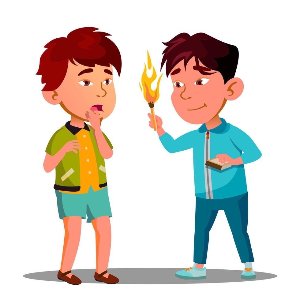 Two Little Asian Boys Playing With Matches Vector. Isolated Illustration vector